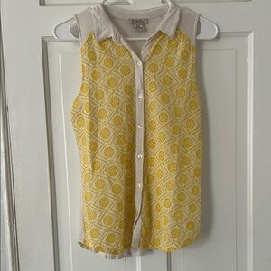 Lucky Brand Yellow and Cream Sleeveless Button-Down Top